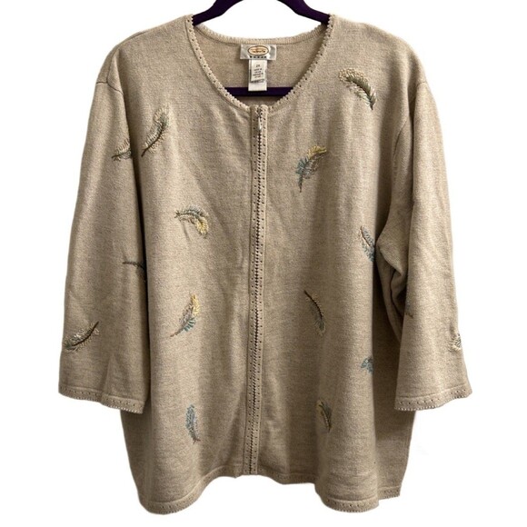 Talbots Women’s Beige Cardigan Sweater Feathers Embroidered Linen Blend Sz 2X - Picture 1 of 7